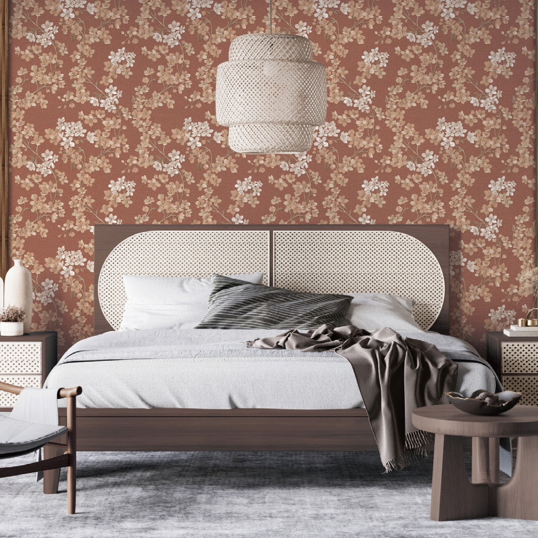 Red Brick Blossom Branch Floral Wallpaper