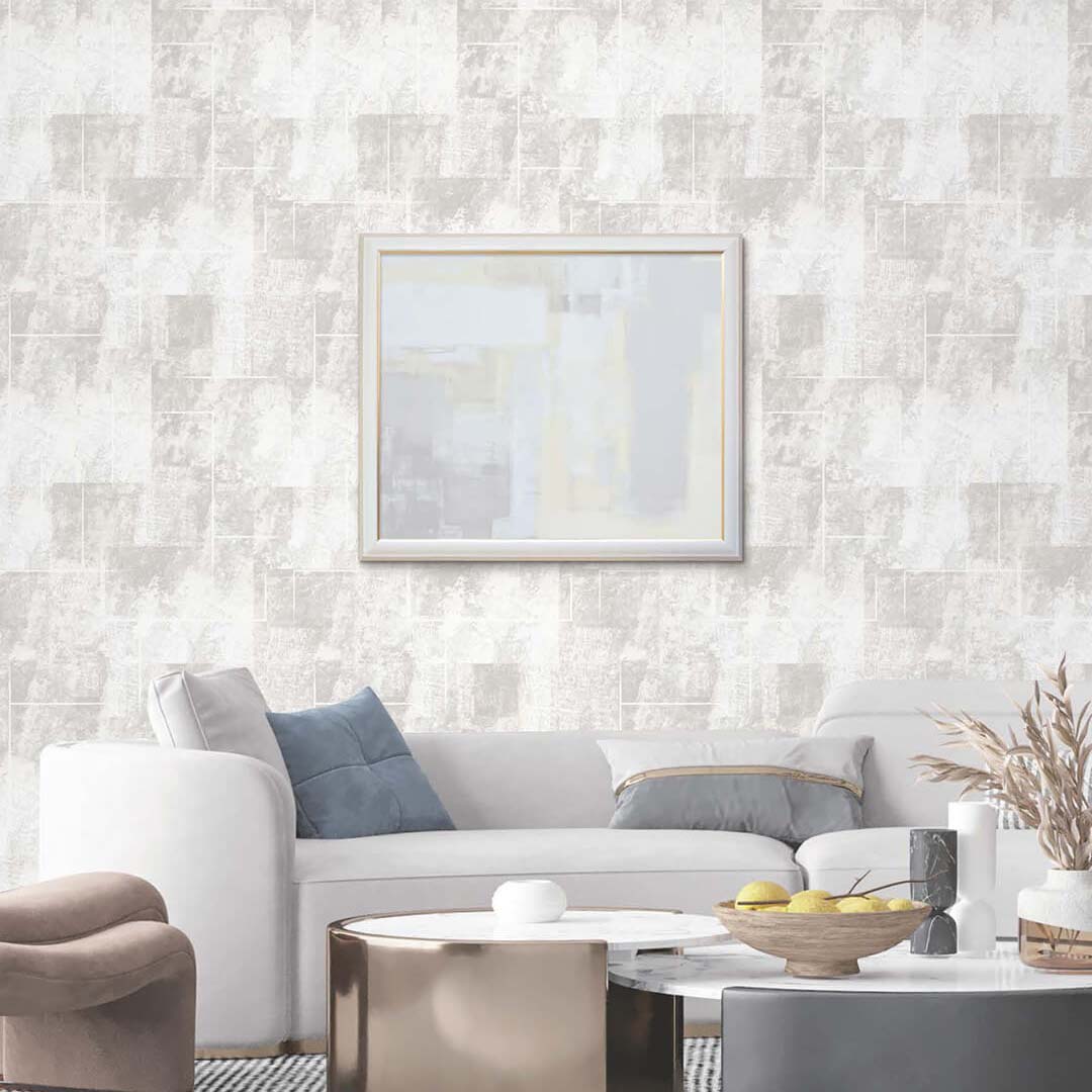 White & Grey Distressed Plaster Patchwork Block Wallpaper